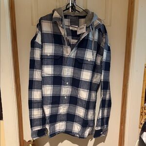 American Eagle Outfitters Navy and White Checkered Hooded Shirt